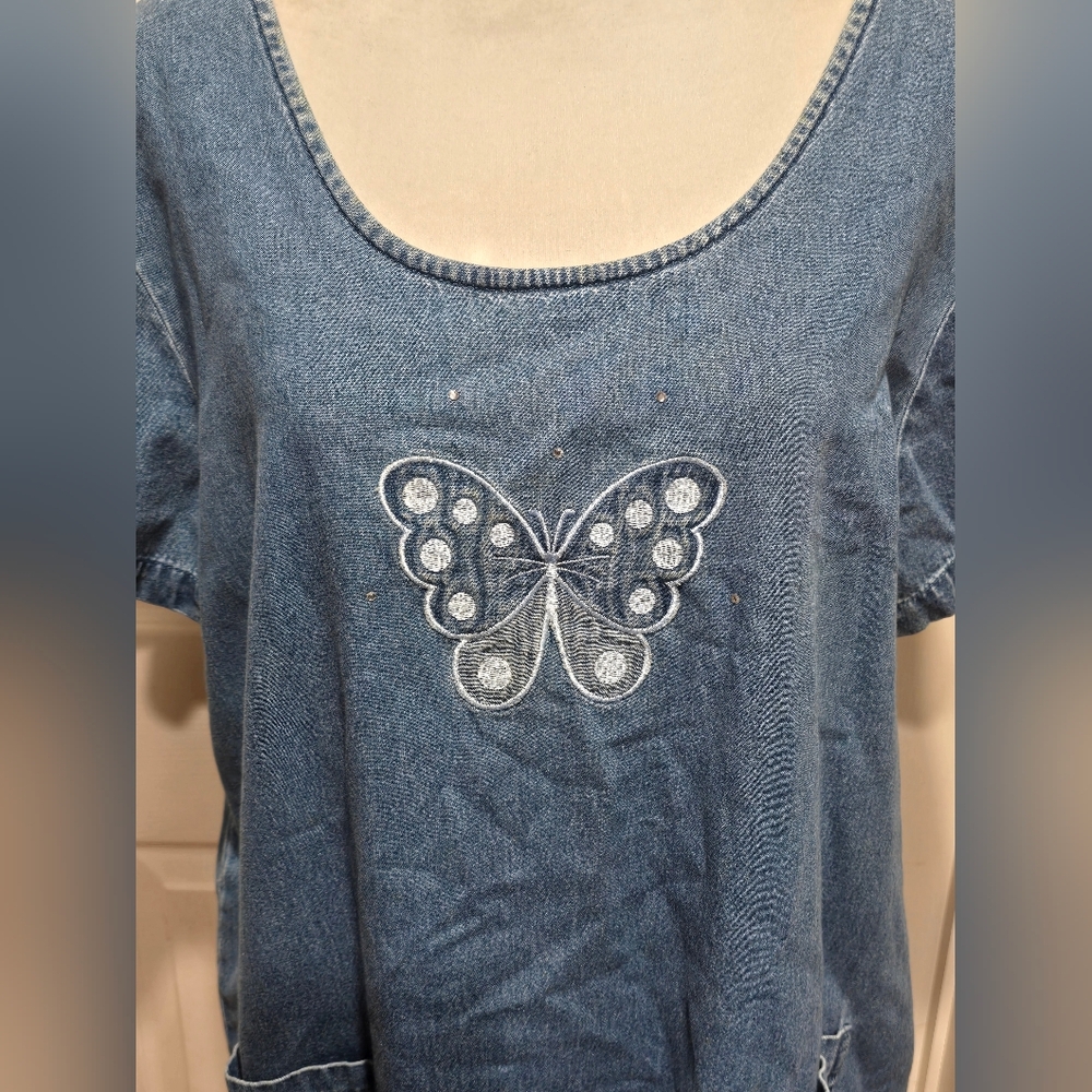 Vintage C.B. Casual Blue Denim Chambray Shift Dress Embroidered Butterflies - Picture 2 of 8